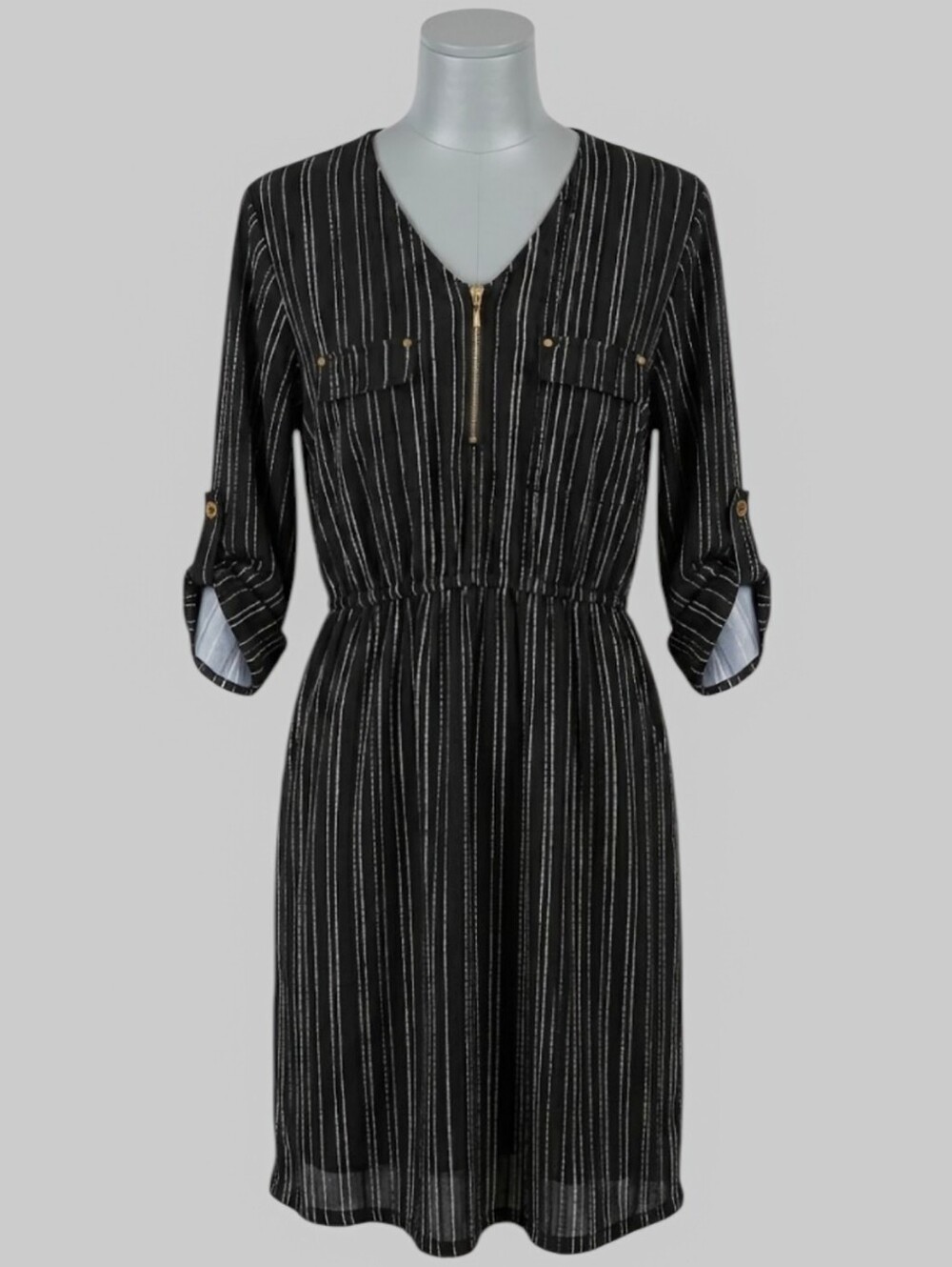 NEW INC International Concepts Black Striped Flap Pocket Dress